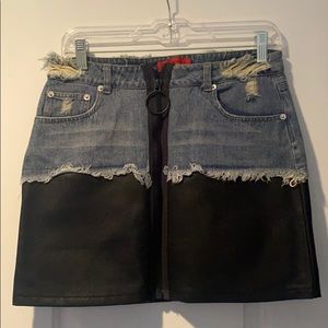 ZIPPERED LEATHER/DENIM JEAN SKIRT